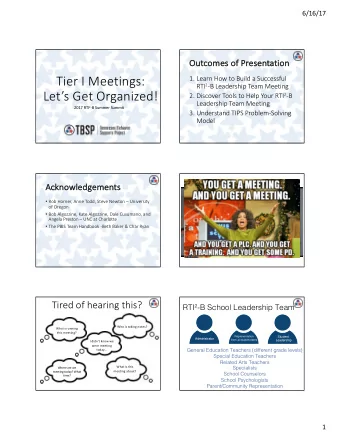 Tier I Meetings:  1. Learn How to Build a Successful RTI 2 -B Leadership Team Meeting  Lets Get