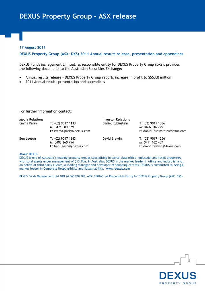 dexus property group asx release