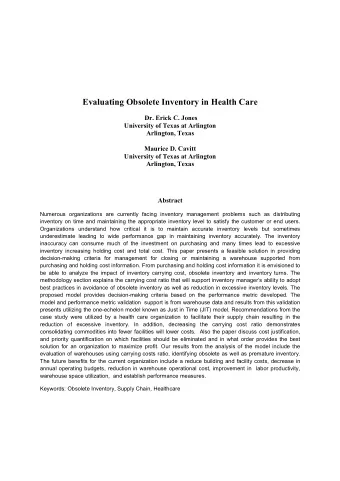 Evaluating Obsolete Inventory in Health Care  Dr. Erick C. Jones  University of Texas at Arlington