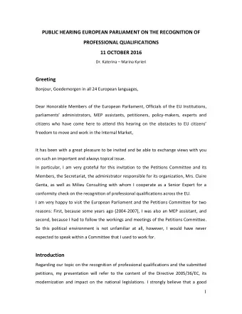 PUBLIC HEARING EUROPEAN PARLIAMENT ON THE RECOGNITION OF  PROFESSIONAL QUALIFICATIONS  11 OCTOBER