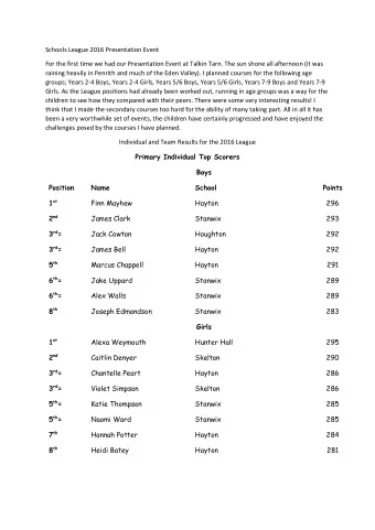 Schools League 2016 Presentation Event  For the first time we had our Presentation Event at Talkin