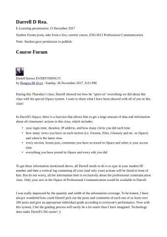 Darrell D Rea.  E-Learning presentation 13 December 2017  Student Forum posts, take from a live,