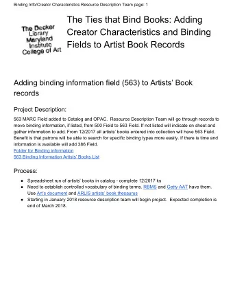 The Ties that Bind Books: Adding  Creator Characteristics and Binding  Fields to Artist Book