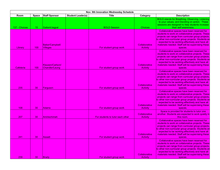 nov 9th innovation wednesday schedule room space staff