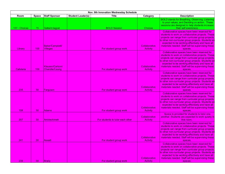 nov 9th innovation wednesday schedule room space staff