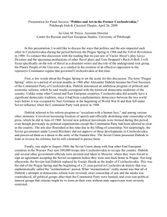 Presentation for Panel Session, Politics and Art in the Former Czechoslovakia, Pittsburgh