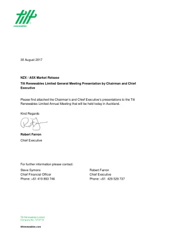 30 August 2017  NZX / ASX Market Release  Tilt Renewables Limited General Meeting Presentation by