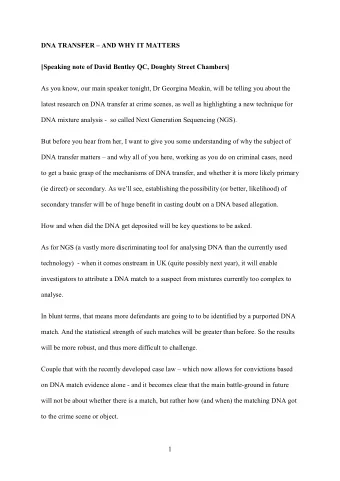 DNA TRANSFER  AND WHY IT MATTERS  [Speaking note of David Bentley QC, Doughty Street Chambers]