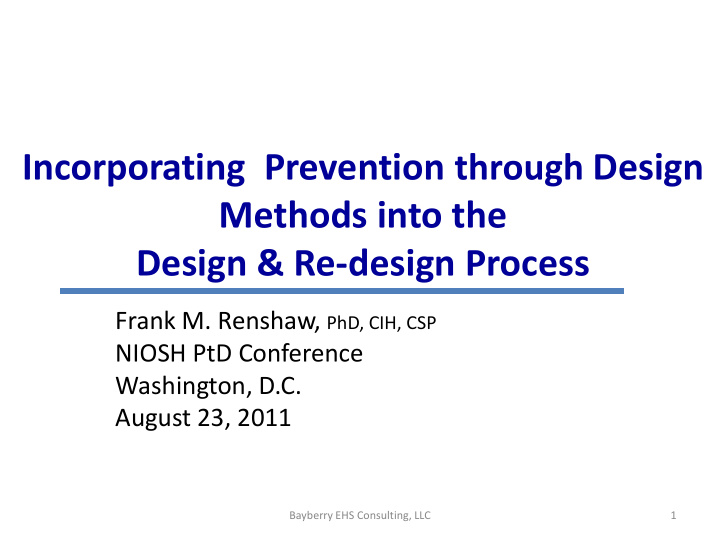 incorporating prevention through design methods into the