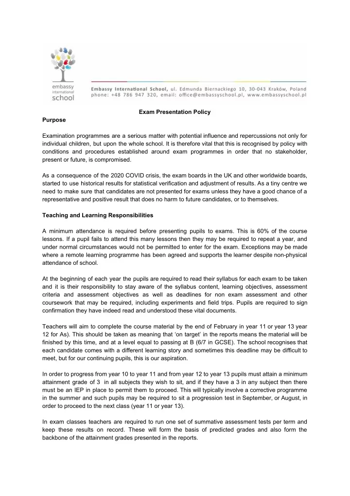 exam presentation policy purpose examination programmes