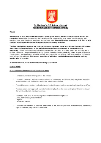 St. Matt hews C .E. Primary School  Handwriting and Presentation Policy  Values  Handwriting is