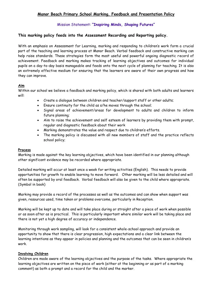 manor beach primary school marking feedback and