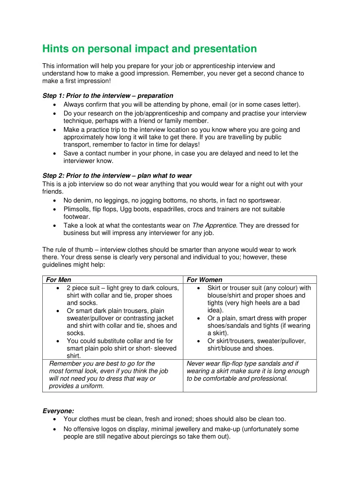 hints on personal impact and presentation