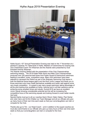Hythe Aqua 2019 Presentation Evening Hythe Aquas  43 rd Annual Presentation Evening was held on