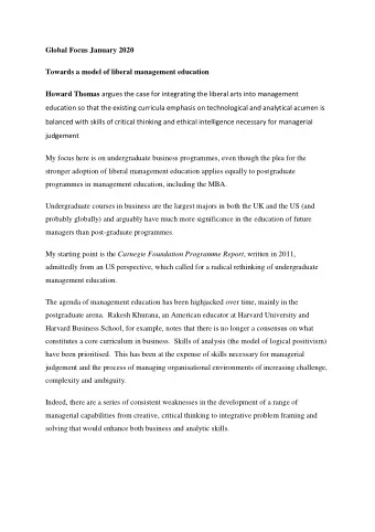 Global Focus January 2020  Towards a model of liberal management education Howard Thomas argues the
