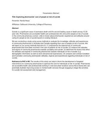 Presentation Abstract Title: Exploring pharmacists care of people at risk of suicide  Presenter: