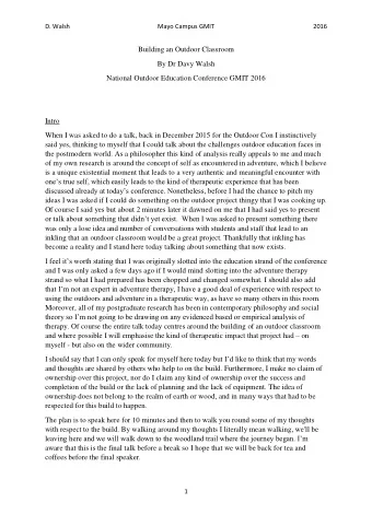 Building an Outdoor Classroom  By Dr Davy Walsh  National Outdoor Education Conference GMIT 2016