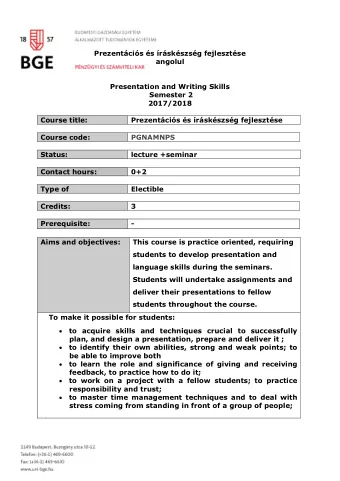 Prezentcis s rskszsg fejlesztse  angolul  Presentation and Writing Skills  Semester