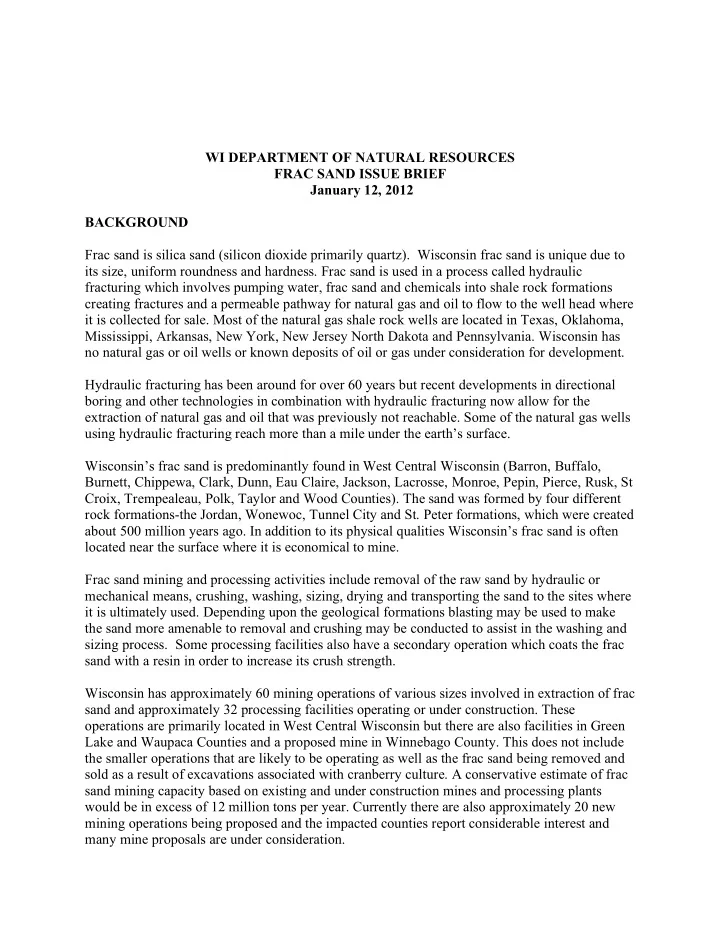 wi department of natural resources frac sand issue brief