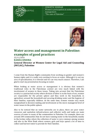 Water access and management in Palestine:  examples of good practices  22/11/2016  RANDA SINIORA