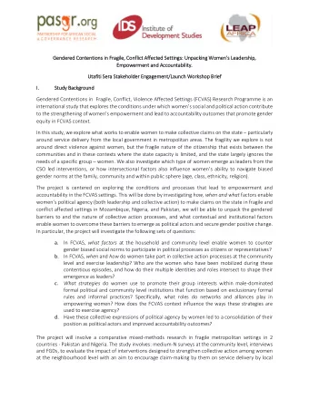 Gendered C  Contentions in  in Fr  Fragile, Co  Conflict  t Affect  cted S  Setti tings : Unpacking