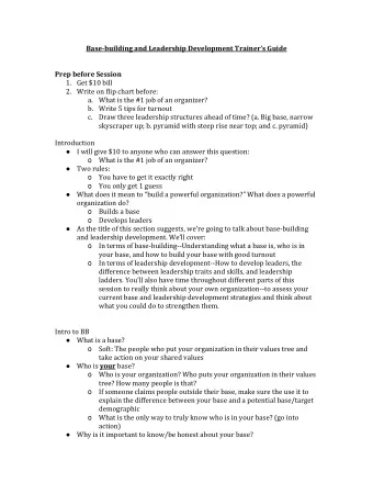 Base-building and Leadership Development Trainers Guide  Prep before Session 1. Get $10 bill 2.