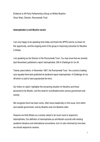 Evidence to All Party Parliamentary Group on British Muslims  Omar Khan, Director, Runnymede Trust