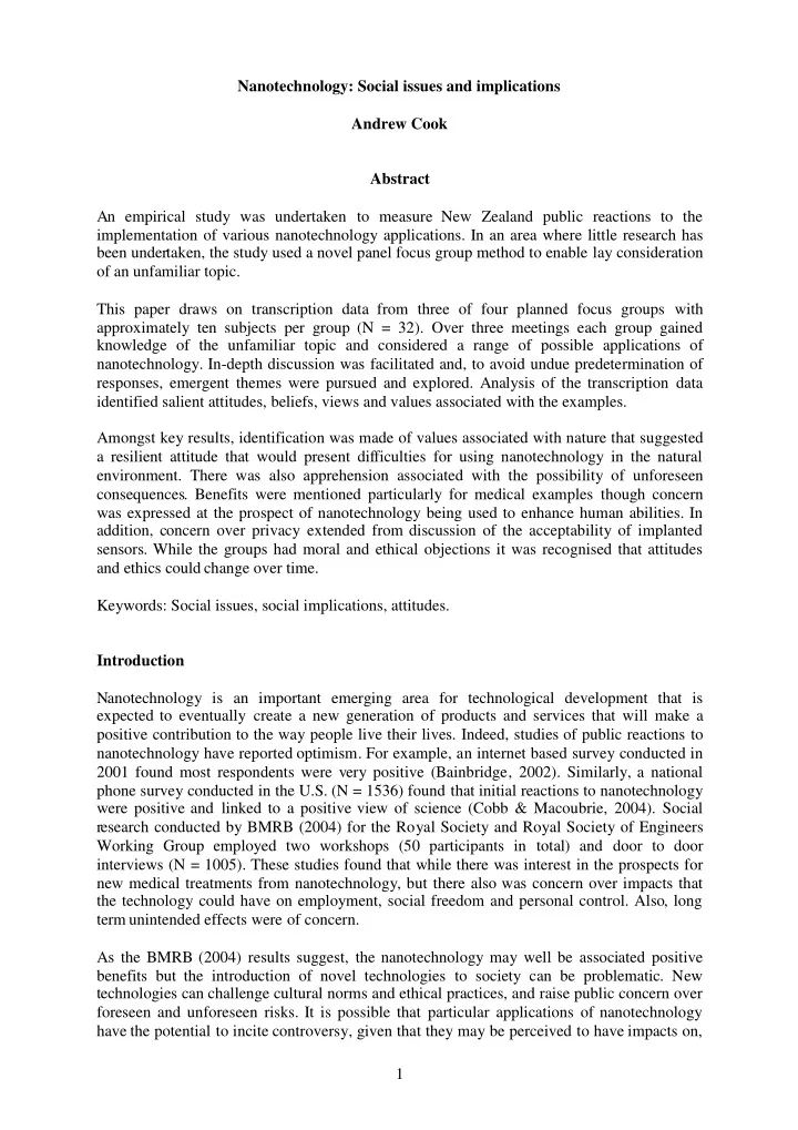 nanotechnology social issues and implications andrew cook