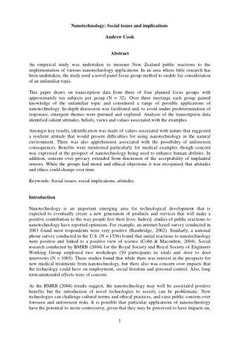 Nanotechnology: Social issues and implications  Andrew Cook  Abstract  An empirical study was