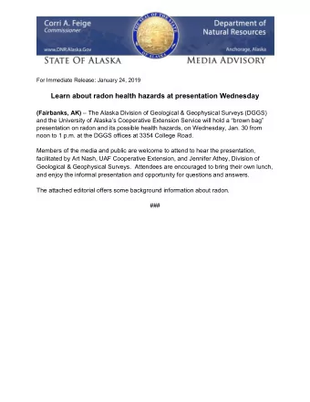 Learn about radon health hazards at presentation Wednesday (Fairbanks, AK)  The Alaska Division