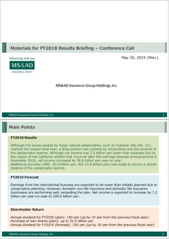 Materials for FY2018 Results Briefing  Conference Call  May 20, 2019 (Mon.)  1  Main Points