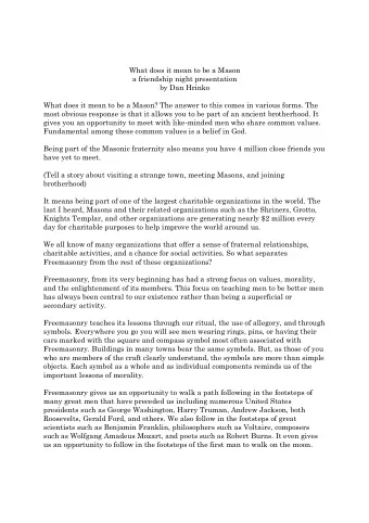 What does it mean to be a Mason  a friendship night presentation  by Dan Hrinko  What does it mean