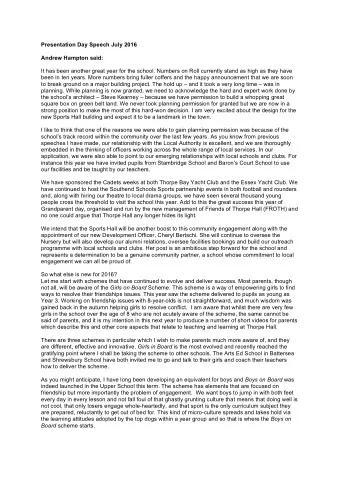 Presentation Day Speech July 2016  Andrew Hampton said:  It has been another great year for the