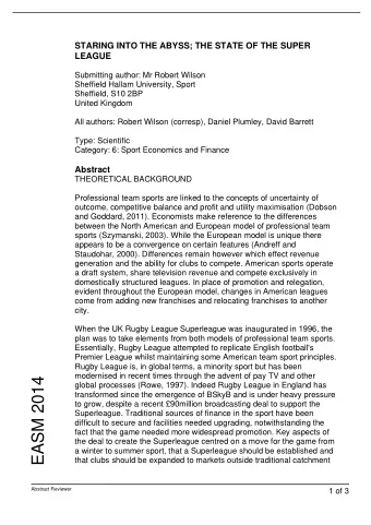 EASM 2014  global processes (Rowe, 1997). Indeed Rugby League in England has  transformed since the