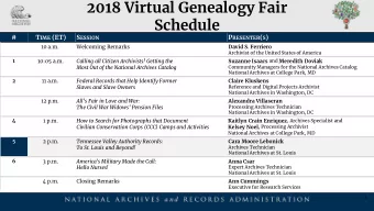 2018 Virtual Genealogy Fair Schedule  # T IME (ET) S ESSION P RESENTER ( S )  10 a.m.  Welcoming