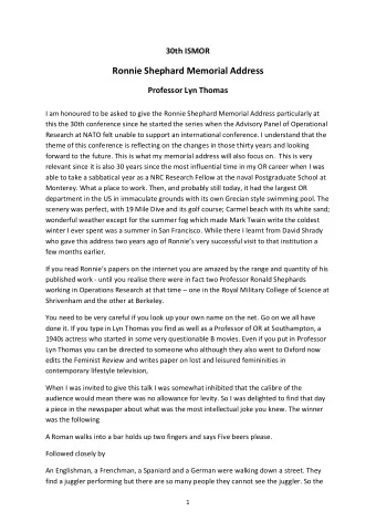 Ronnie Shephard Memorial Address  Professor Lyn Thomas  I am honoured to be asked to give the