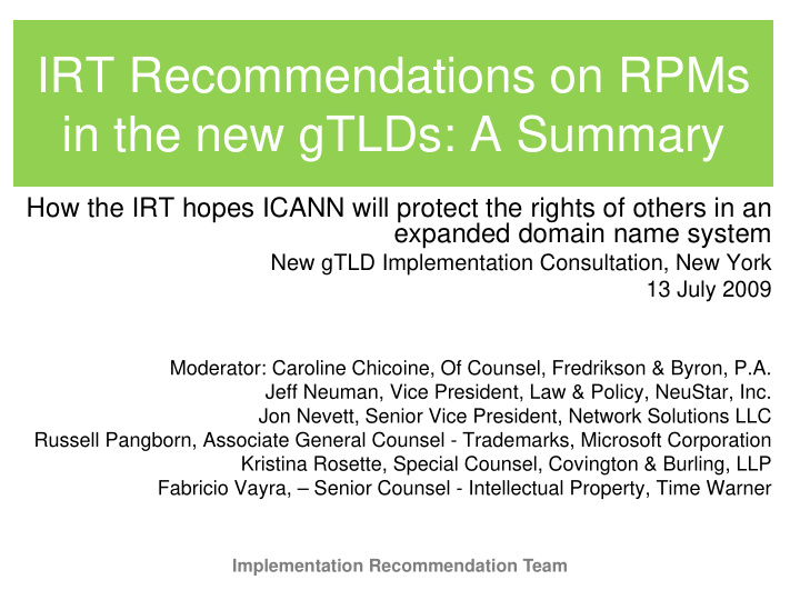 irt recommendations on rpms in the new gtlds a summary
