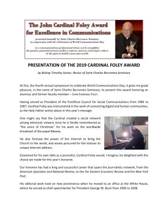 PRESENTATION OF THE 2019 CARDINAL FOLEY AWARD  by Bishop Timothy Senior, Rector of Saint Charles