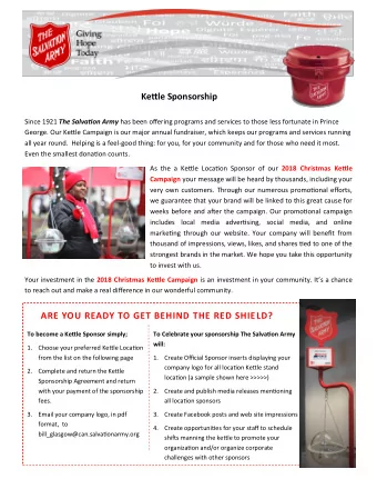 Ketule Sponsorship Since 1921 The Salvatjon Army has been ofgering programs and services to those