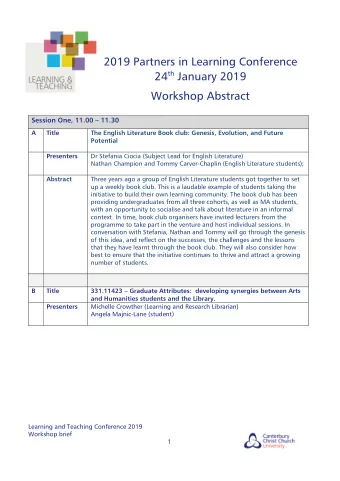 2019 Partners in Learning Conference 24 th January 2019  Workshop Abstract  Session One, 11.00