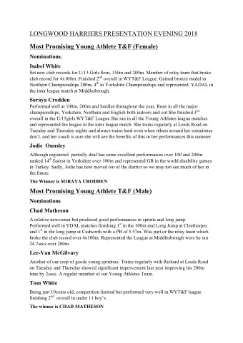 LONGWOOD HARRIERS PRESENTATION EVENING 2018  Most Promising Young Athlete T&amp;F (Female)