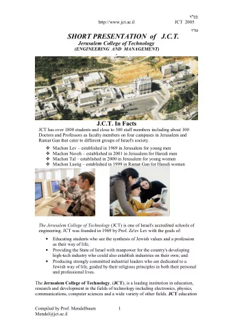 SHORT PRESENTATION  of   J.C.T.  Jerusalem College of Technology  (ENGINEERING  AND  MANAGEMENT)  -