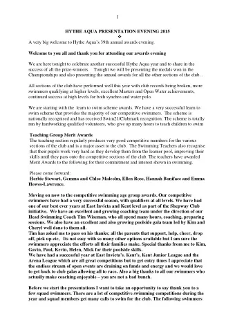 1  HYTHE AQUA PRESENTATION EVENING 2015  A very big welcome to Hythe Aquas 39th annual awards