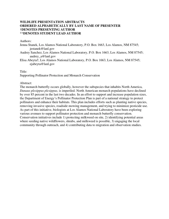 wildlife presentation abstracts ordered alphabetically by