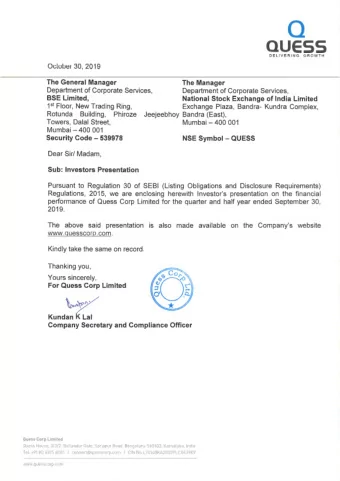 Q  auess  DELIVERING  GROWTH  October 30, 2019  The  General  Manager  The  Manager of Corporate