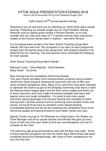 HYTHE AQUA PRESENTATION EVENING 2018 Held on the 30 November 2018 at the Folkestone Rugby Club.