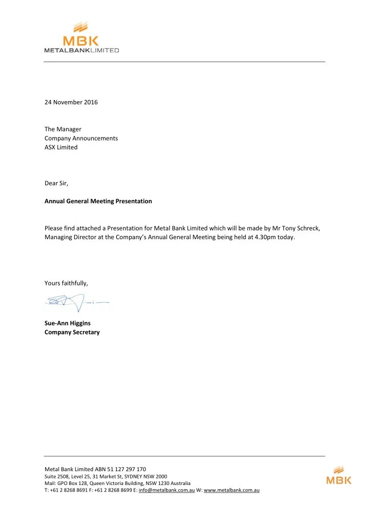 24 november 2016 the manager company announcements asx