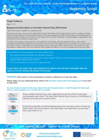 Assembly Script  14-18  Target Audience  Ages 14-18  Background information on the Safer Internet