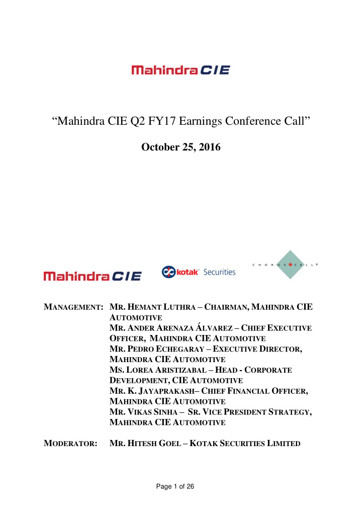 mahindra cie q2 fy17 earnings conference call october 25