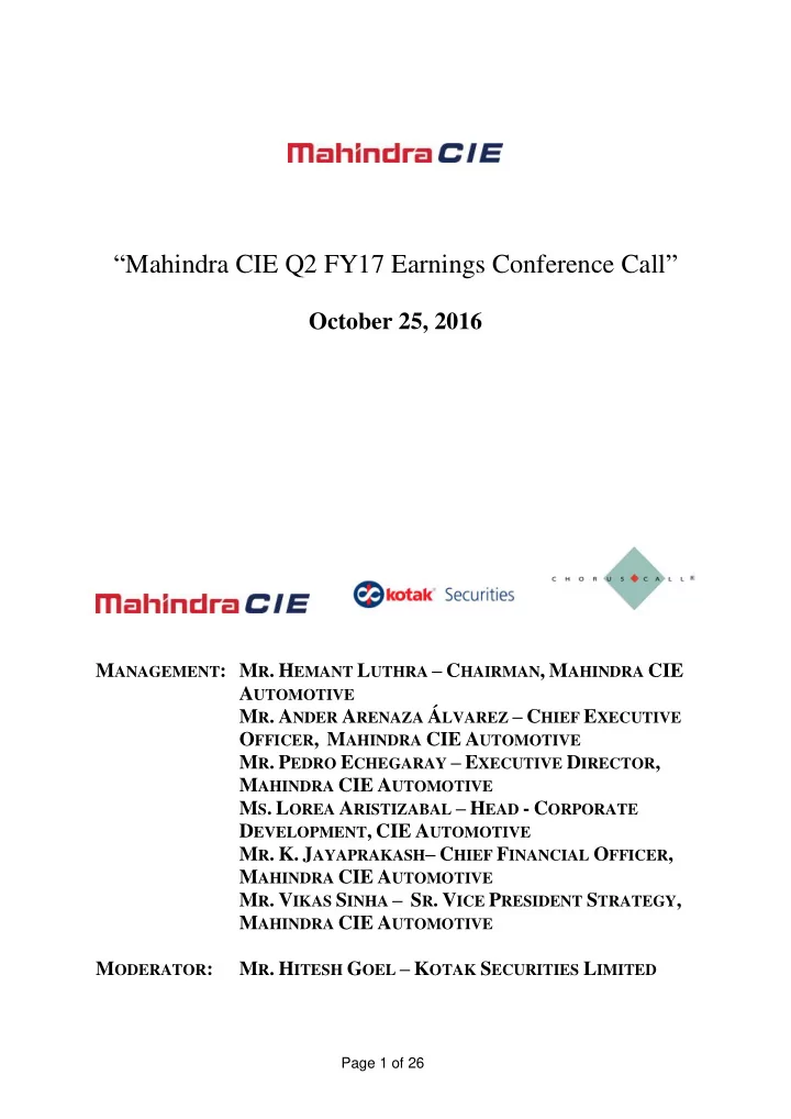mahindra cie q2 fy17 earnings conference call october 25